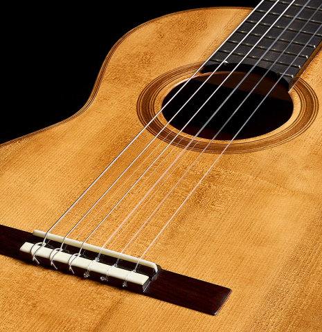 The soundboard and bridge of a Wolfgang Jellinghaus "Torres SE 77" classical guitar made of spruce and ziricote