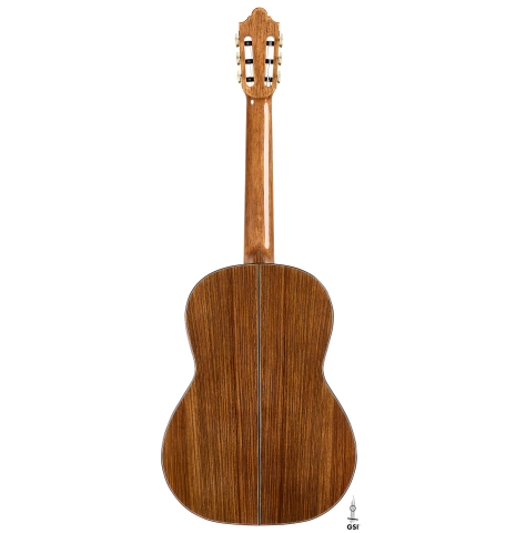 The back of a 2026 Wolfgang Jellinghaus "Friederich" classical guitar made of cedar and Indian rosewood