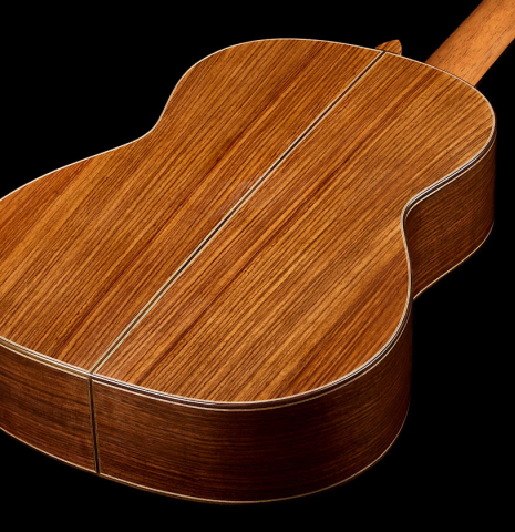The back and sides of a 2026 Wolfgang Jellinghaus "Friederich" classical guitar made of cedar and Indian rosewood
