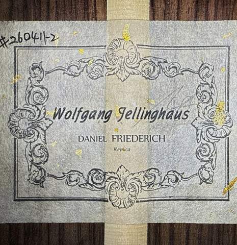 The label of a 2026 Wolfgang Jellinghaus "Friederich" classical guitar made of cedar and Indian rosewood