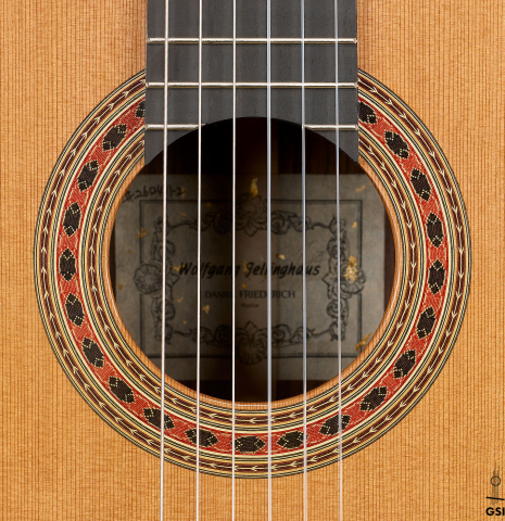 The rosette of a 2026 Wolfgang Jellinghaus "Friederich" classical guitar made of cedar and Indian rosewood