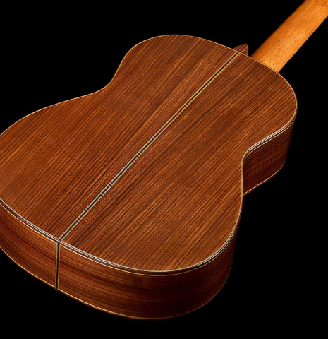 The back and sides of a Wolfgang Jellinghaus "Friederich - aged" classical guitar made of cedar and Indian rosewood