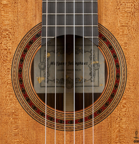 The rosette of a Wolfgang Jellinghaus "Friederich - aged" classical guitar made of cedar and Indian rosewood