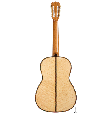 The back of a 2026 Federico Jiang "Arias" classical guitar made of spruce and maple