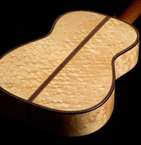 The back and sides of a 2026 Federico Jiang "Arias" classical guitar made of spruce and maple