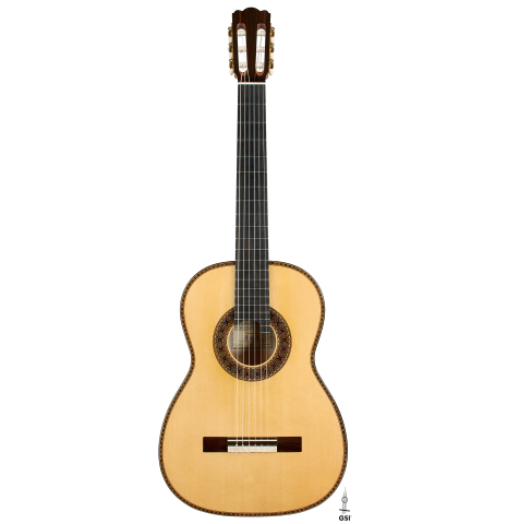 The front of a 2026 Federico Jiang "Arias" classical guitar made of spruce and maple