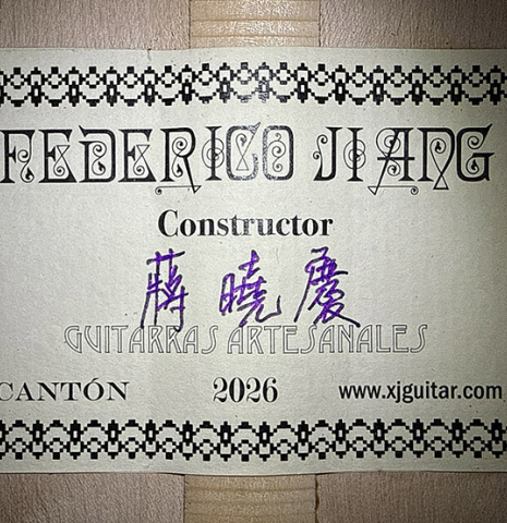 The label of a 2026 Federico Jiang "Arias" classical guitar made of spruce and maple