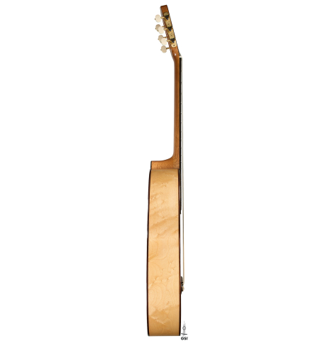 The side of a 2026 Federico Jiang "Arias" classical guitar made of spruce and maple
