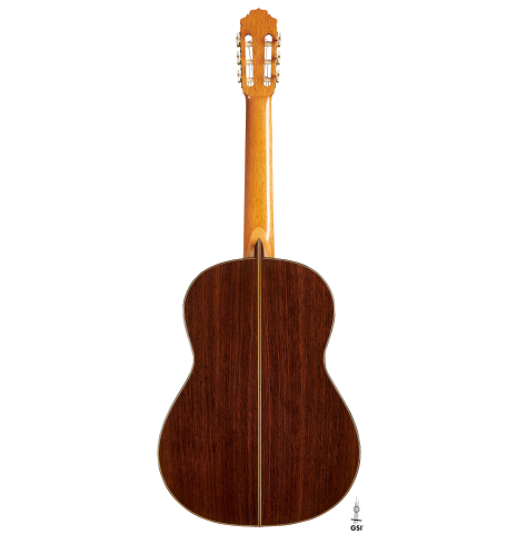The back of a 2023 Francisco Jimenez classical guitar made of cedar and Indian rosewood
