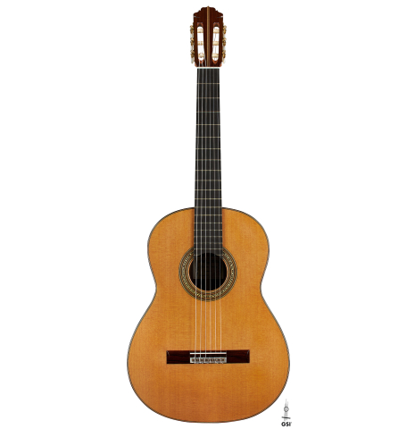 The front of a 2023 Francisco Jimenez classical guitar made of cedar and Indian rosewood
