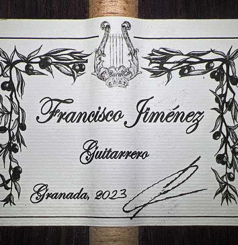 The label of a 2023 Francisco Jimenez classical guitar made of cedar and Indian rosewood