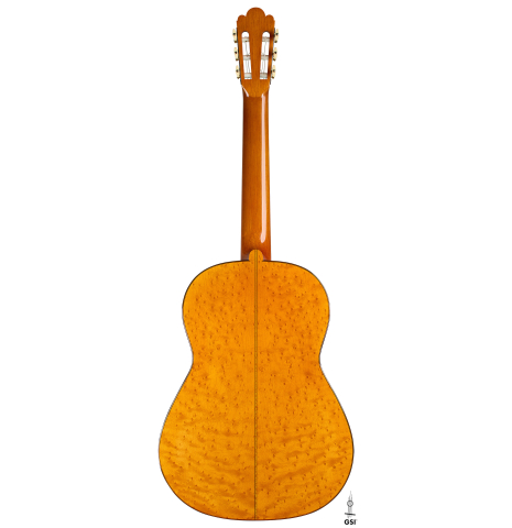 The back of a 2025 Francisco Jimenez "Torres" classical guitar made of spruce and maple