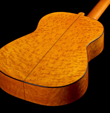 The back and sides of a 2025 Francisco Jimenez "Torres" classical guitar made of spruce and maple