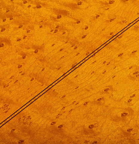 The back center seam of a 2025 Francisco Jimenez "Torres" classical guitar made of spruce and maple