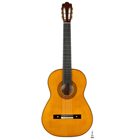 The front of a 2025 Francisco Jimenez "Torres" classical guitar made of spruce and maple