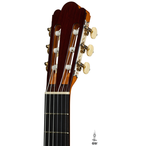 The headstock of a 2025 Francisco Jimenez "Torres" classical guitar made of spruce and maple