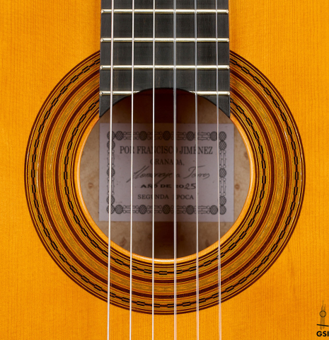 The rosette of a 2025 Francisco Jimenez "Torres" classical guitar made of spruce and maple