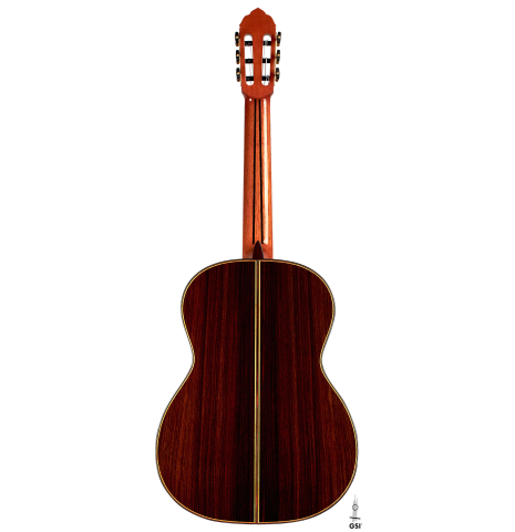 The back of a 2022 So Kimishima “Stella” classical guitar made with cedar and Indian rosewood