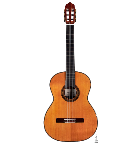 The front of a 2022 So Kimishima “Stella” classical guitar made with cedar and Indian rosewood