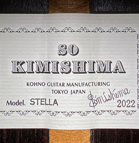 The label of a 2022 So Kimishima “Stella” classical guitar made with cedar and Indian rosewood