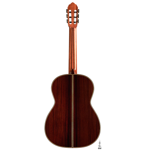 The back of a 2023 So Kimishima “Stella” classical guitar made with cedar and Indian rosewood