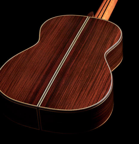 The back and sides of a 2023 So Kimishima “Stella” classical guitar made with cedar and Indian rosewood