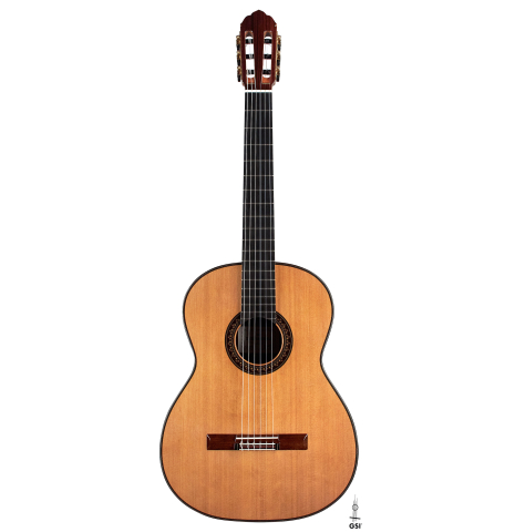 The front of a 2023 So Kimishima “Stella” classical guitar made with cedar and Indian rosewood