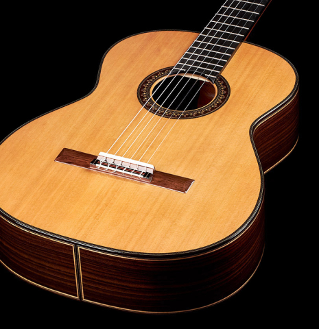 The front of a 2023 So Kimishima “Stella” classical guitar made with cedar and Indian rosewood