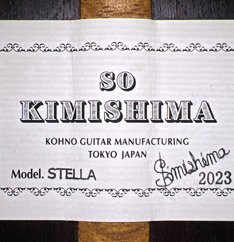 The label of a 2023 So Kimishima “Stella” classical guitar made with cedar and Indian rosewood