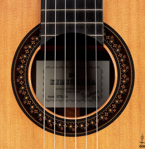 The rosette of a 2023 So Kimishima “Stella” classical guitar made with cedar and Indian rosewood