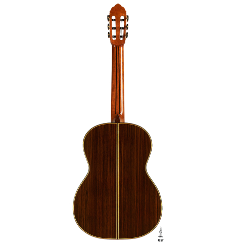 The back of a 2023 So Kimishima “Stella” classical guitar made with cedar and Indian rosewood