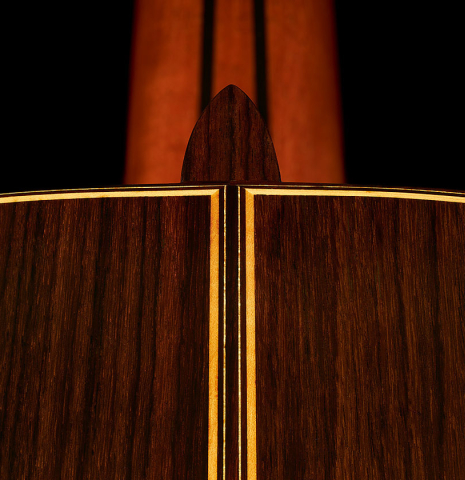 The heel and back purflings of a 2023 So Kimishima “Stella” classical guitar made with cedar and Indian rosewood