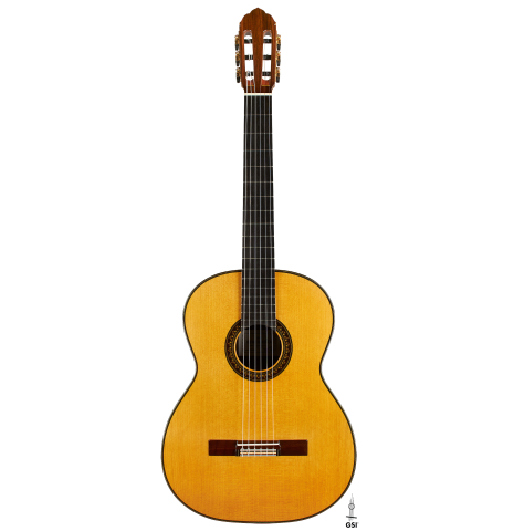 The front of a 2023 So Kimishima “Stella” classical guitar made with cedar and Indian rosewood