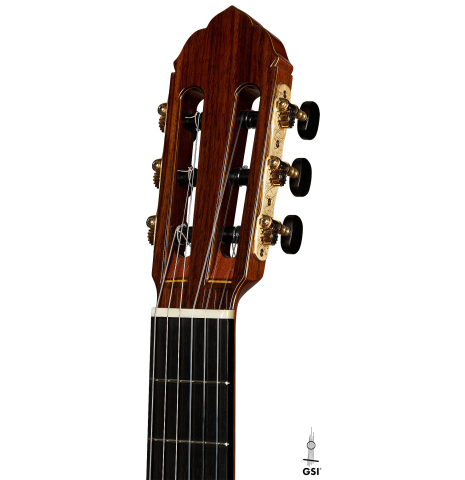 The headstock and tuners of a 2023 So Kimishima “Stella” classical guitar made with cedar and Indian rosewood