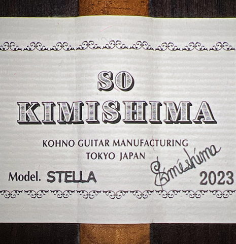 The label of a 2023 So Kimishima “Stella” classical guitar made with cedar and Indian rosewood