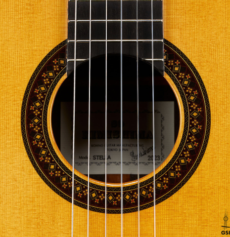 The rosette of a 2023 So Kimishima “Stella” classical guitar made with cedar and Indian rosewood