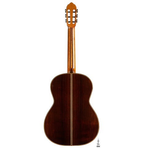 The back of a 2025 So Kimishima “Stella” classical guitar made of cedar and Indian rosewood