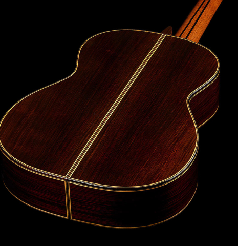 The back and sides of a 2025 So Kimishima “Stella” classical guitar made of cedar and Indian rosewood