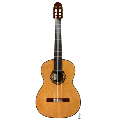 The front of a 2025 So Kimishima “Stella” classical guitar made of cedar and Indian rosewood