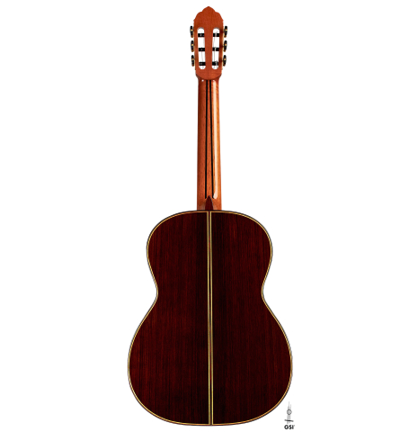 The back of a 2022 So Kimishima “Stella” classical guitar made with spruce and Indian rosewood