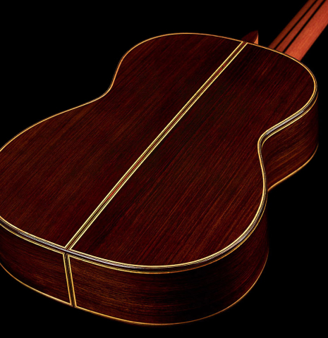 The back and sides of a 2022 So Kimishima “Stella” classical guitar made with spruce and Indian rosewood