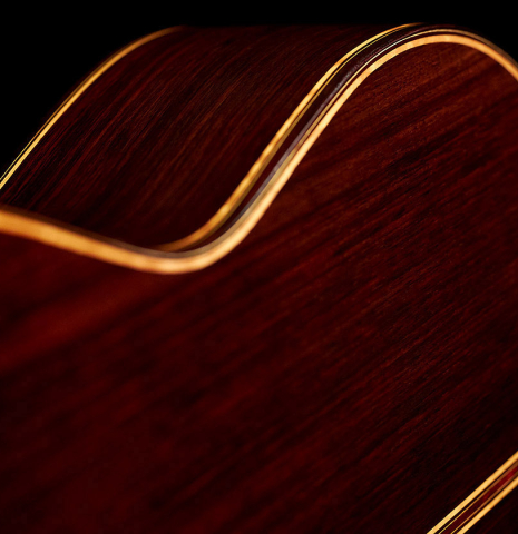 The back and sides of a 2022 So Kimishima “Stella” classical guitar made with spruce and Indian rosewood