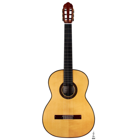 The front of a 2022 So Kimishima “Stella” classical guitar made with spruce and Indian rosewood