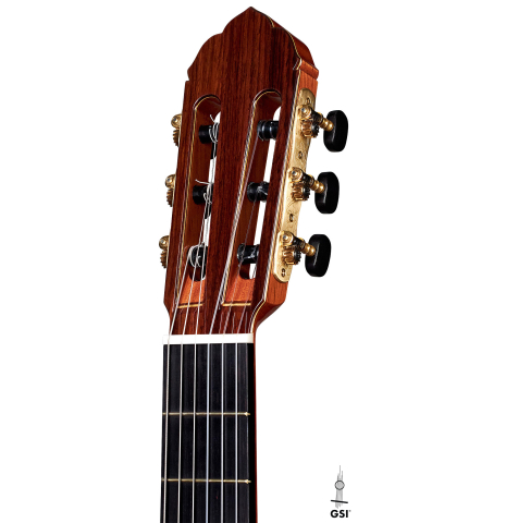 The headstock and machine heads of a 2022 So Kimishima “Stella” classical guitar made with spruce and Indian rosewood