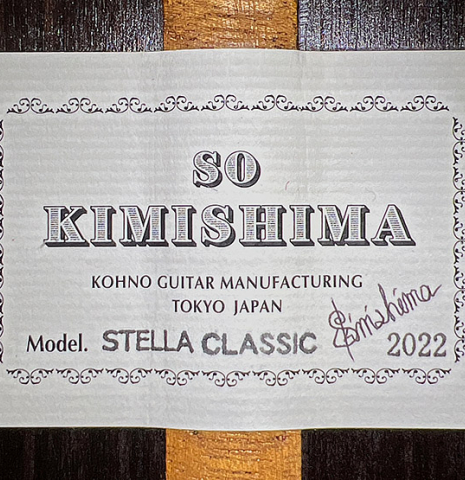 The label of a 2022 So Kimishima “Stella” classical guitar made with spruce and Indian rosewood