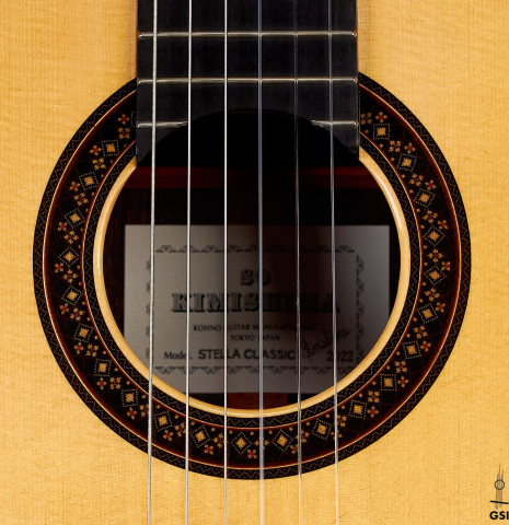 The rosette of a 2022 So Kimishima “Stella” classical guitar made with spruce and Indian rosewood