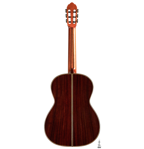 The back of a 2023 So Kimishima “Stella” classical guitar made with spruce and Indian rosewood