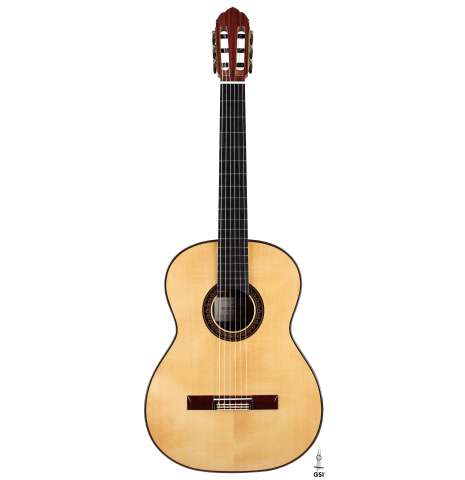 The front of a 2023 So Kimishima “Stella” classical guitar made with spruce and Indian rosewood