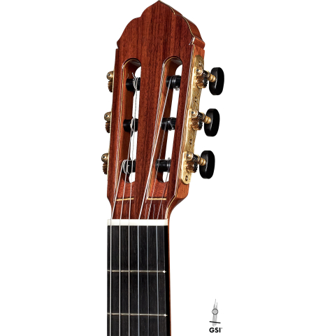 The headstock and machine heads of a 2023 So Kimishima “Stella” classical guitar made with spruce and Indian rosewood