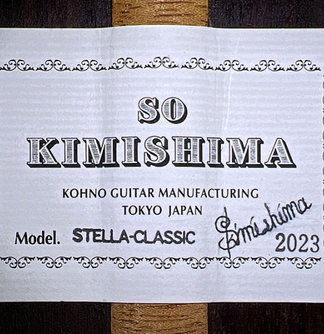 The label of a 2023 So Kimishima “Stella” classical guitar made with spruce and Indian rosewood
